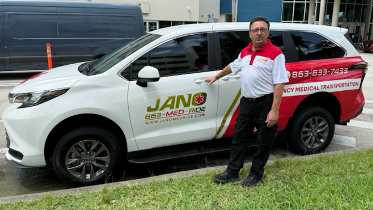 Wheelchair-accessible non-emergency medical transport van with side lift deployed