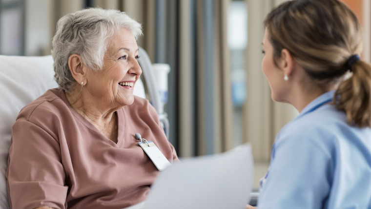 Senior woman discussing medical transportation paperwork with a healthcare coordinator